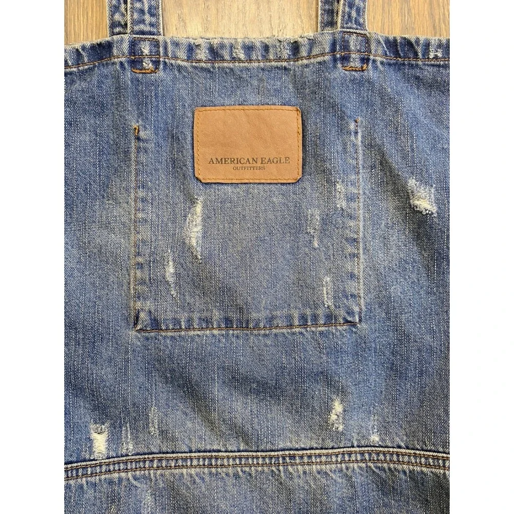 American Eagle Denim Distressed Tote Bag Blue White Logo Spell Out